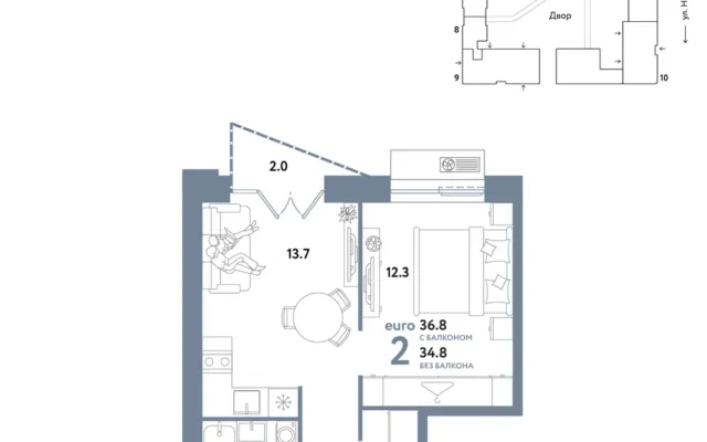 2 комн. Квартира 36.8 кв. м, Москва