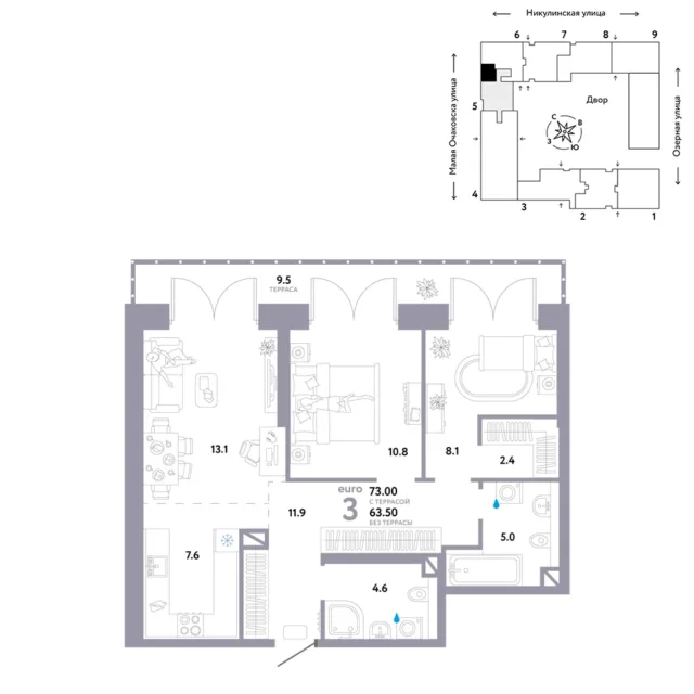 3 комн. Квартира 72.4 кв. м