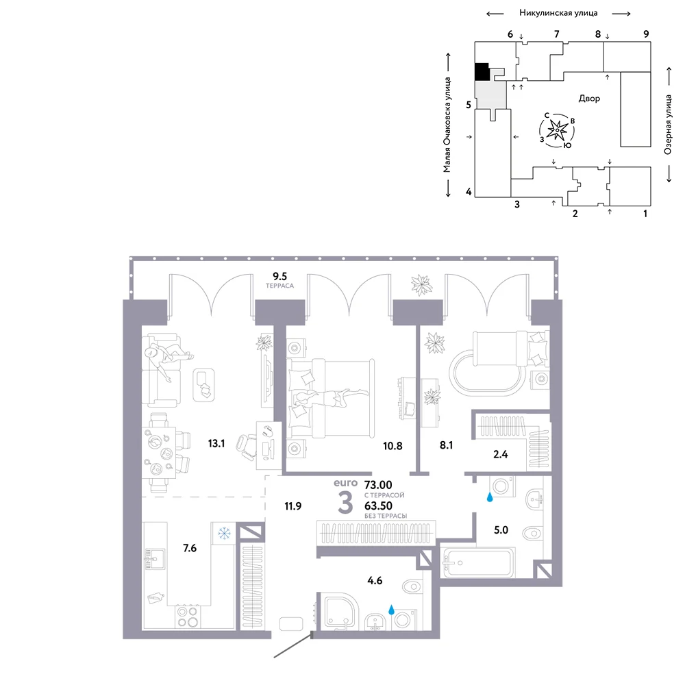 3 комн. Квартира 72.4 кв. м