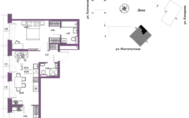 3 комн. Квартира 62.6 кв. м, Москва