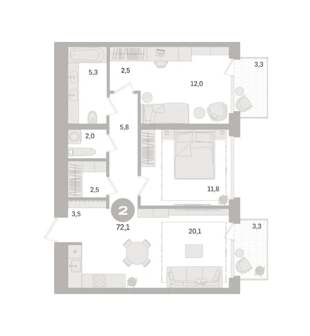 2 комн. Квартира 72.1 кв. м