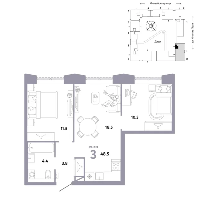 3 комн. Квартира 48.5 кв. м