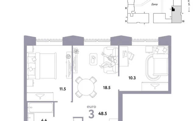 3 комн. Квартира 48.5 кв. м, Москва
