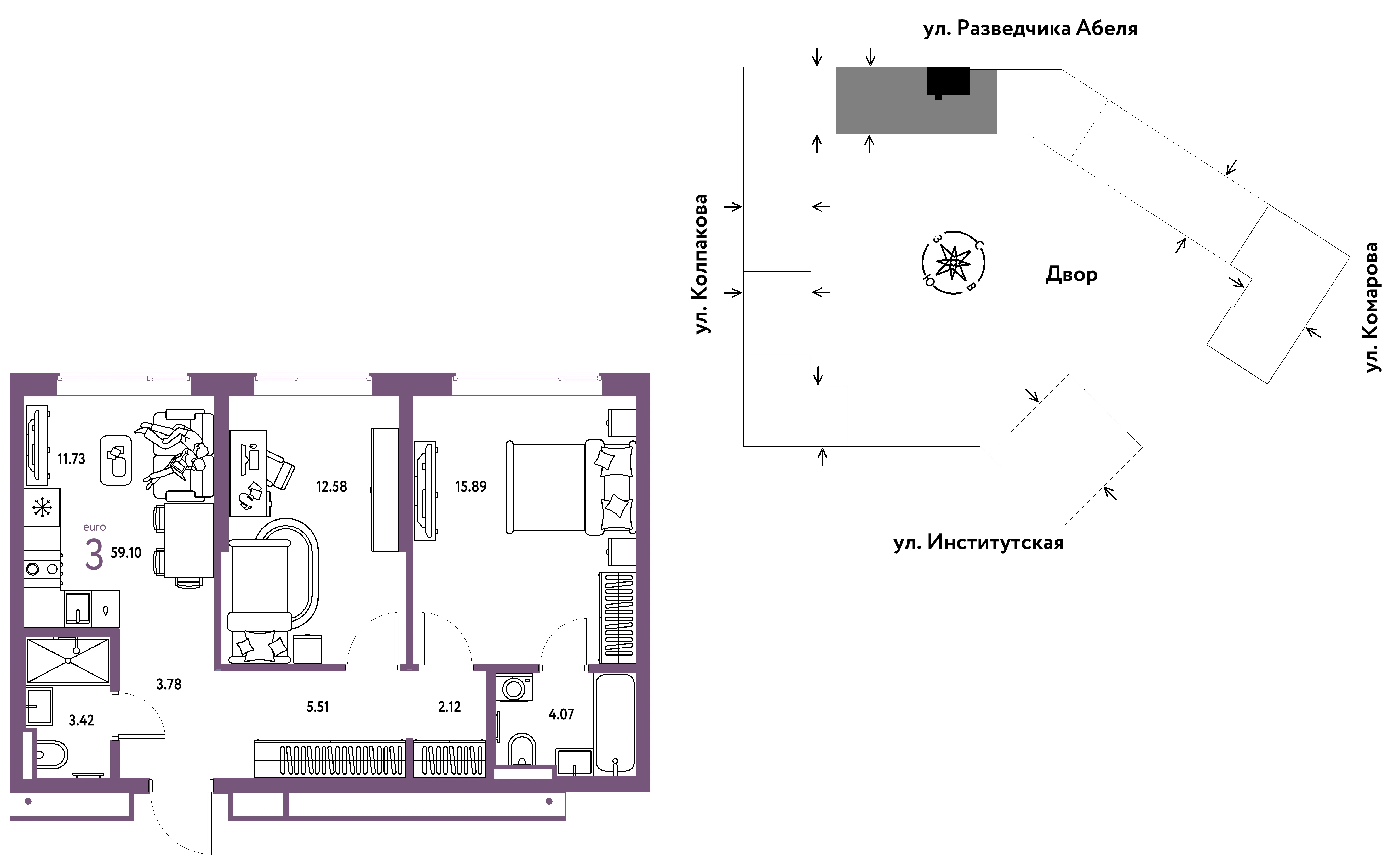 3 комн. Квартира 59.1 кв. м