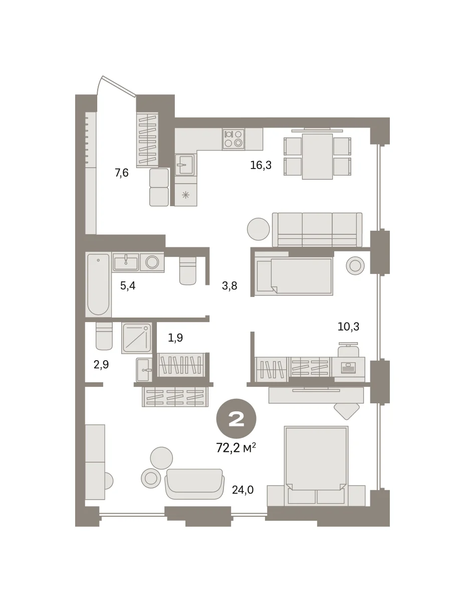 2 комн. Квартира 72.2 кв. м