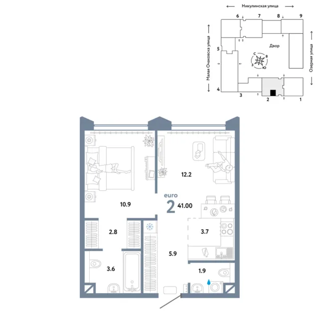 2 комн. Квартира 42.3 кв. м
