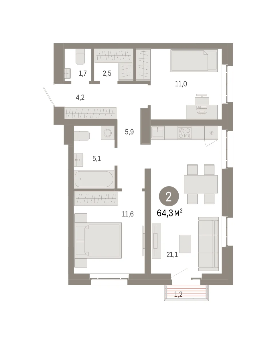 2 комн. Квартира 64.3 кв. м