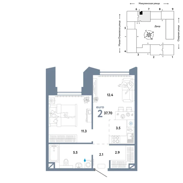 2 комн. Квартира 37.8 кв. м
