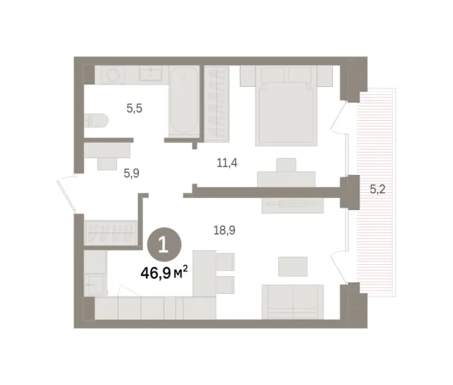 1 комн. Квартира 46.9 кв. м