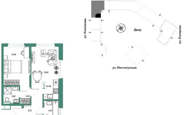 2 комн. Квартира 47.4 кв. м, Москва