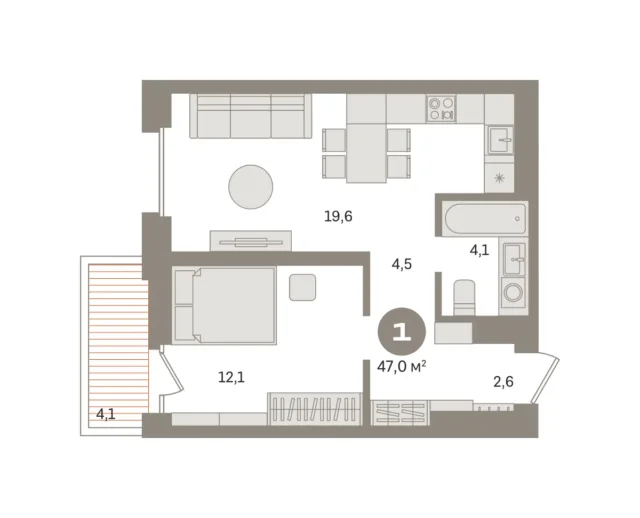 1 комн. Квартира 47 кв. м