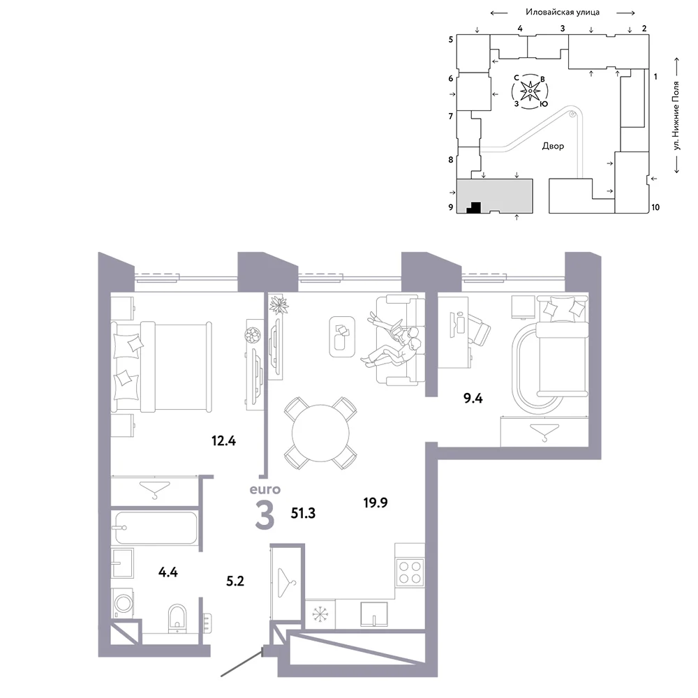 3 комн. Квартира 51.3 кв. м