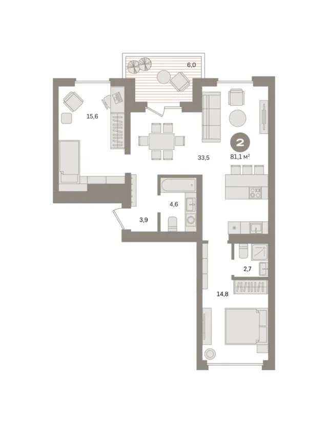 2 комн. Квартира 81.1 кв. м