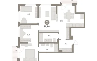 2 комн. Квартира 91.4 кв. м