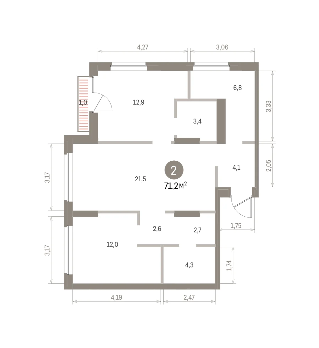 2 комн. Квартира 71.2 кв. м