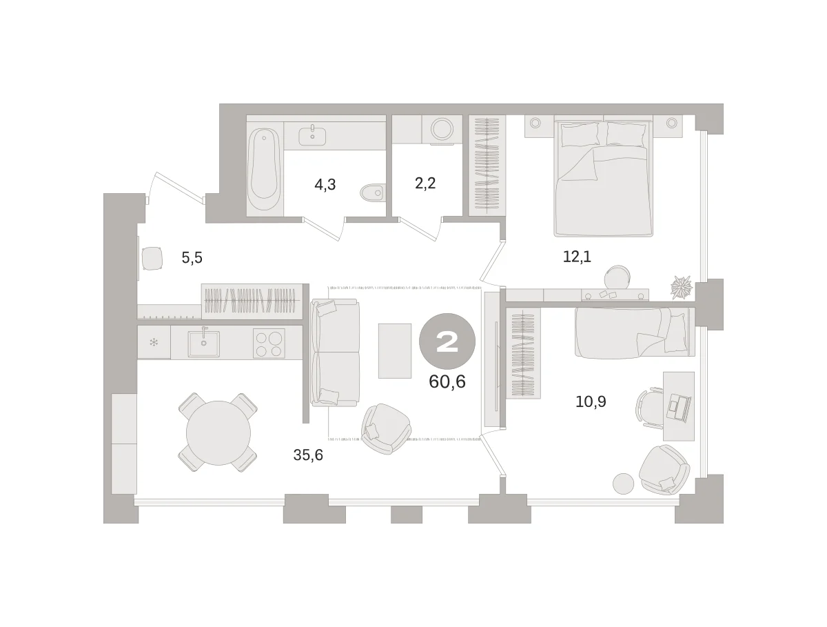 2 комн. Квартира 60.6 кв. м