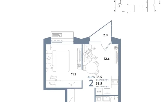 2 комн. Квартира 35.5 кв. м, Москва