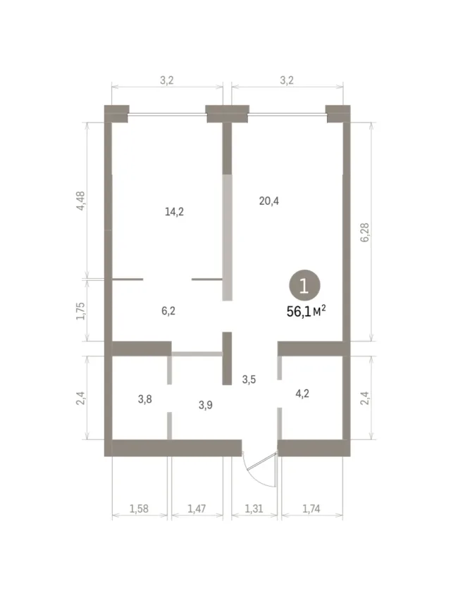 1 комн. Квартира 56.1 кв. м