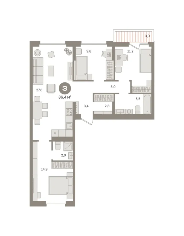3 комн. Квартира 86.4 кв. м