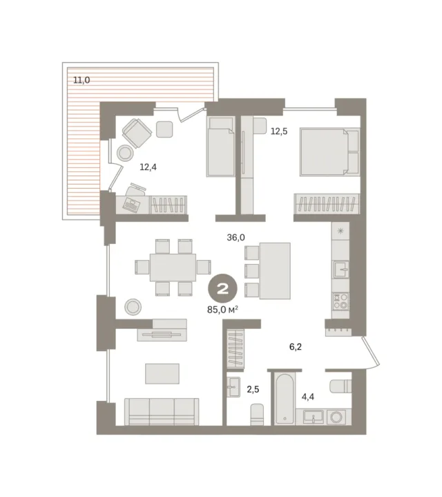 2 комн. Квартира 85 кв. м