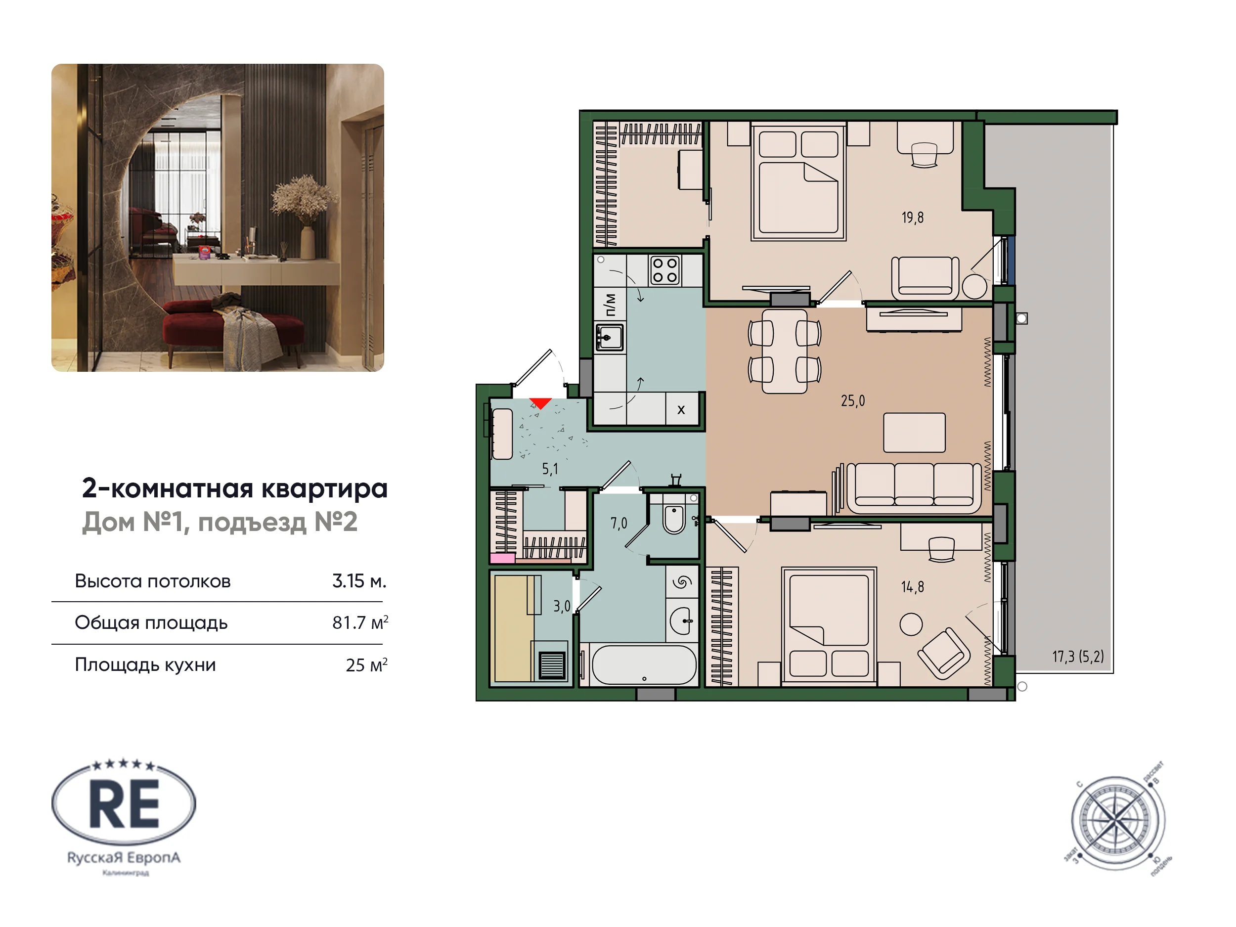 2 комн. Квартира 81.7 кв. м