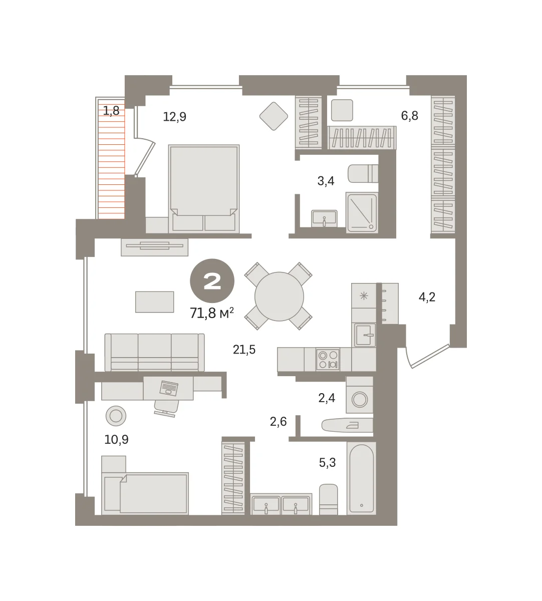 2 комн. Квартира 71.8 кв. м