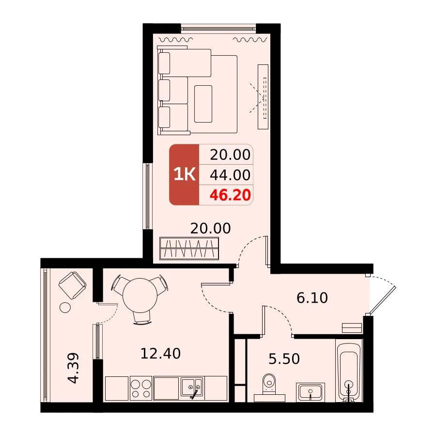 1 комн. Квартира 46.2 кв. м