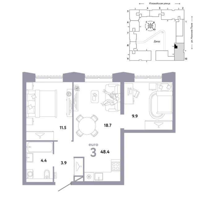 3 комн. Квартира 48.4 кв. м