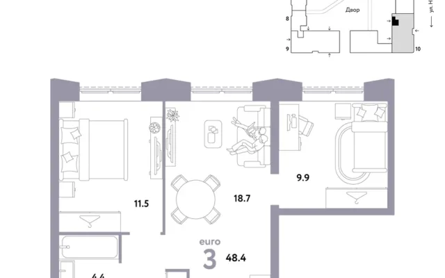 3 комн. Квартира 48.4 кв. м, Москва