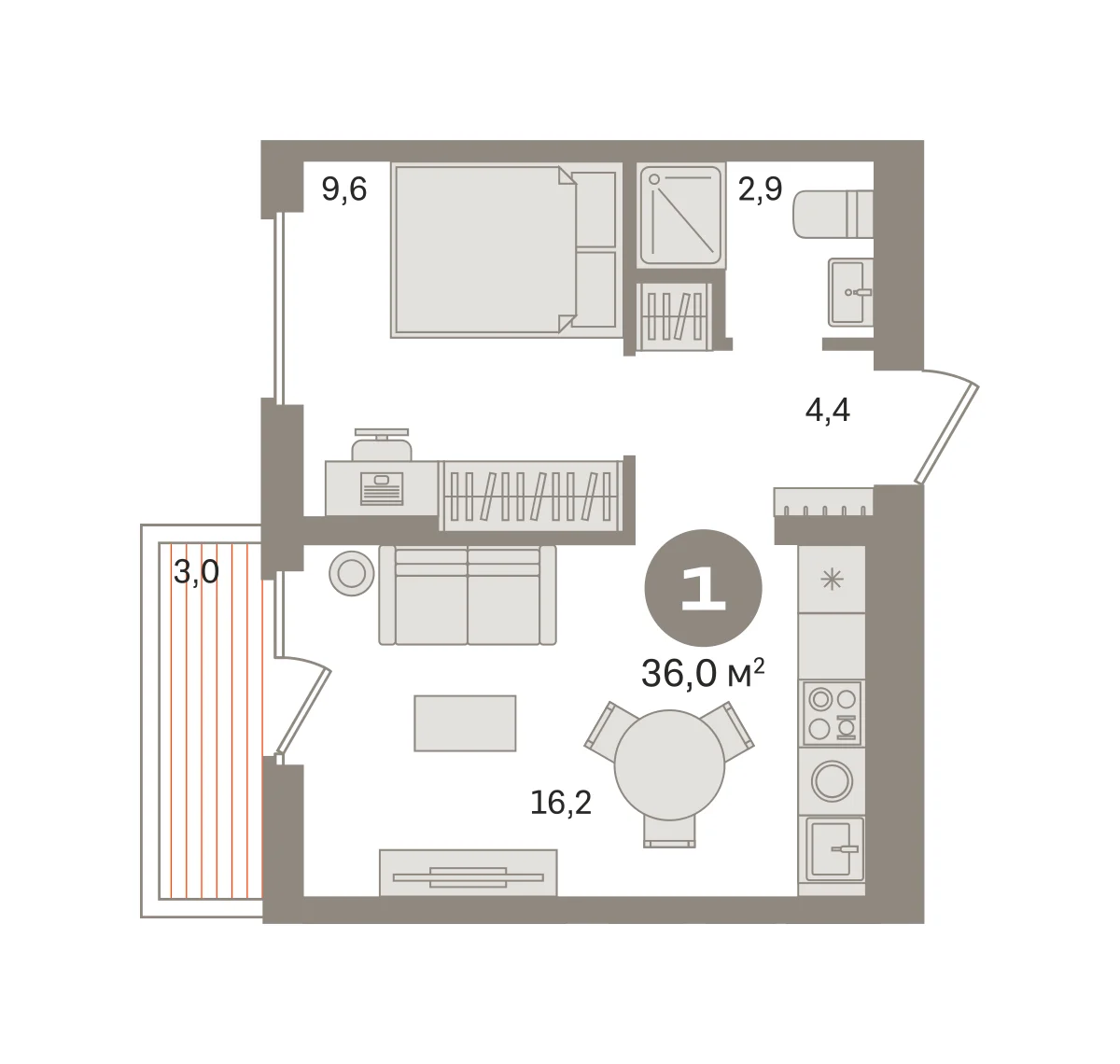 1 комн. Квартира 36 кв. м