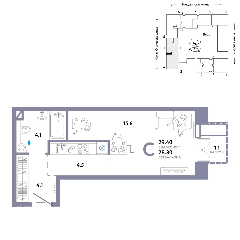 1 комн. Квартира 29.3 кв. м