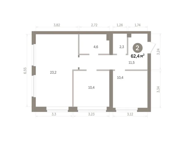 2 комн. Квартира 62.4 кв. м