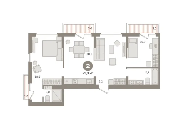 2 комн. Квартира 79.3 кв. м