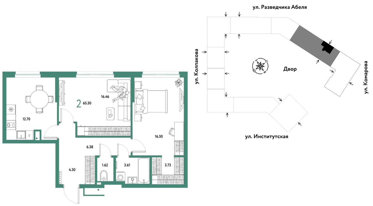 2 комн. Квартира 65.3 кв. м