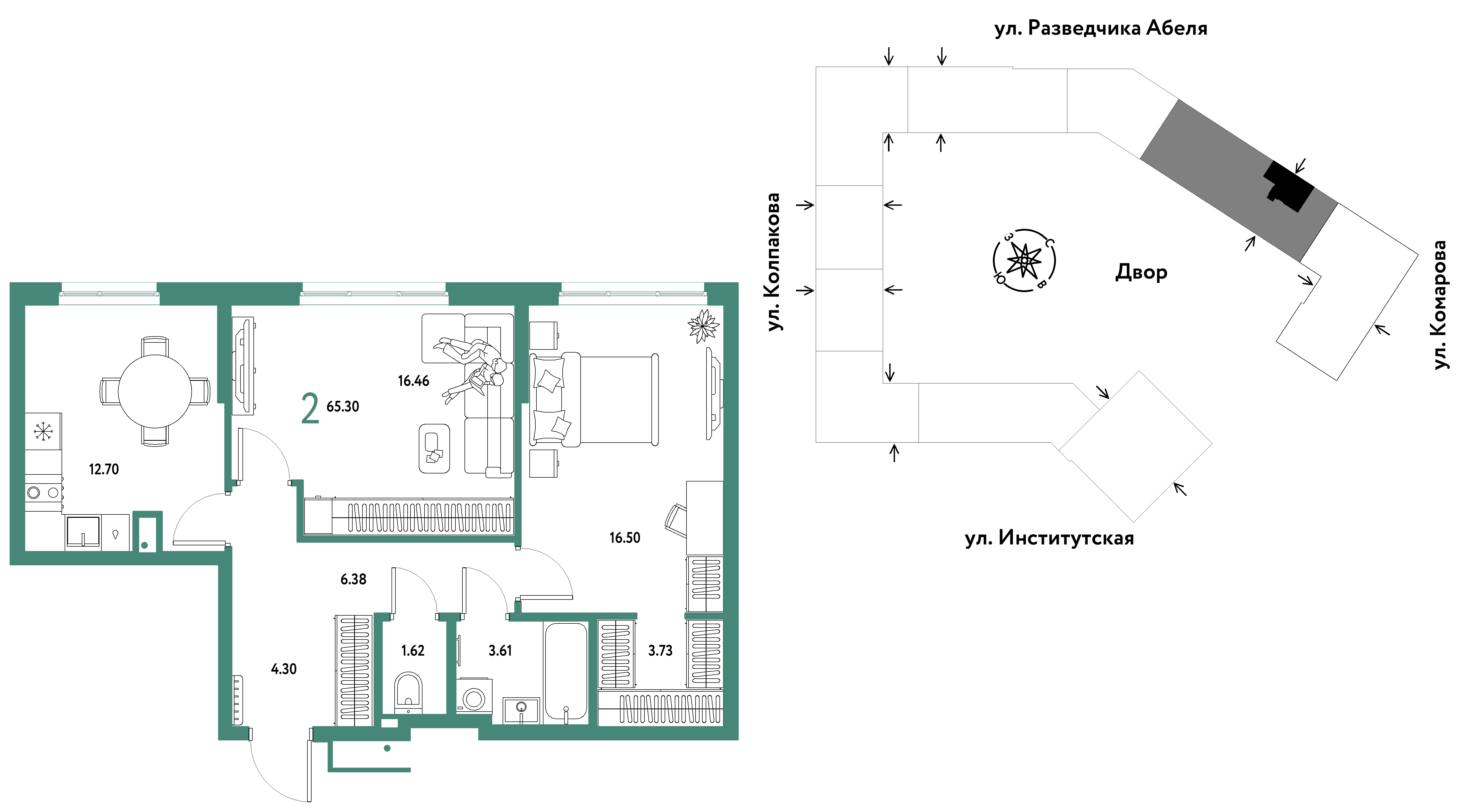 2 комн. Квартира 65.3 кв. м
