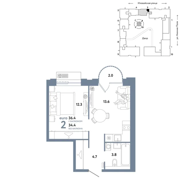 2 комн. Квартира 36.4 кв. м