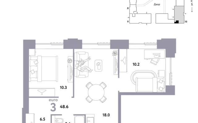 3 комн. Квартира 48.6 кв. м, Москва