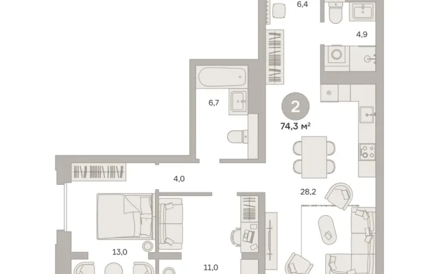 2 комн. Квартира 74.3 кв. м, Московская область Москва