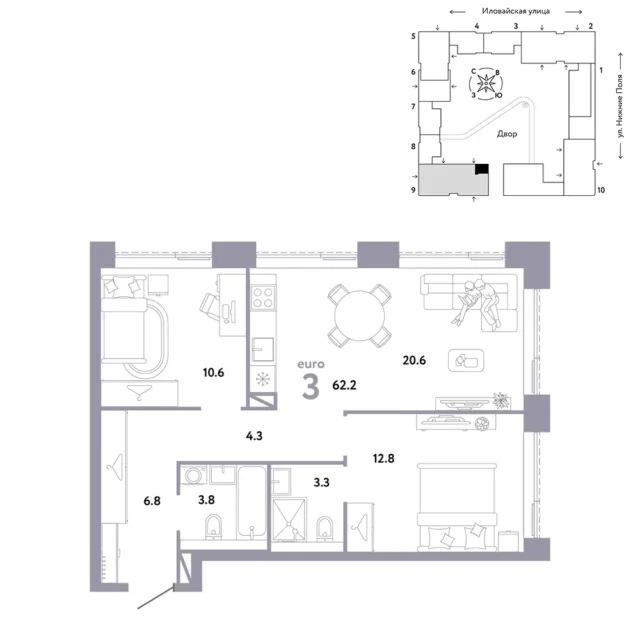 3 комн. Квартира 62.2 кв. м