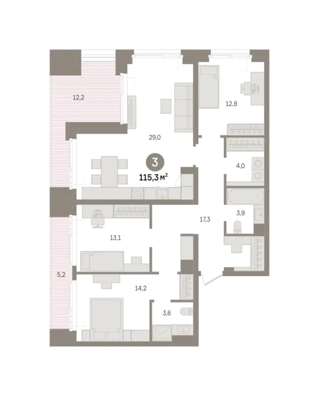 3 комн. Квартира 115.3 кв. м