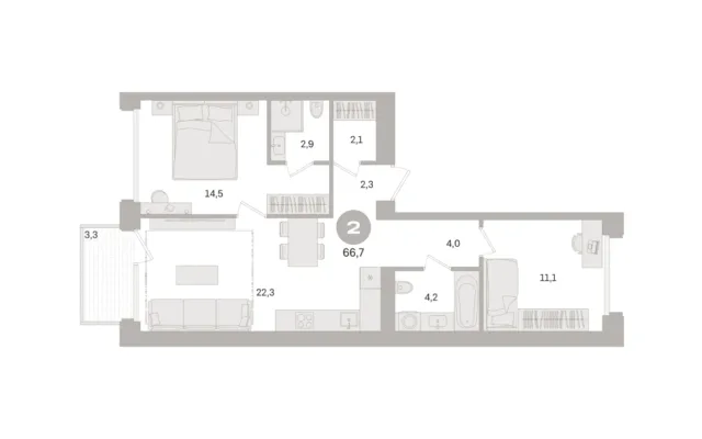 2 комн. Квартира 66.7 кв. м, Московская область Москва