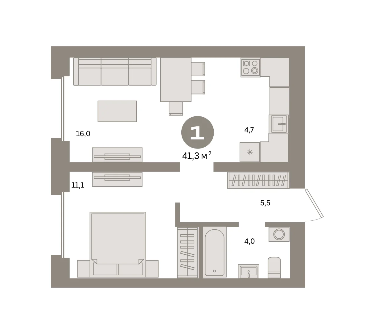 1 комн. Квартира 41.3 кв. м