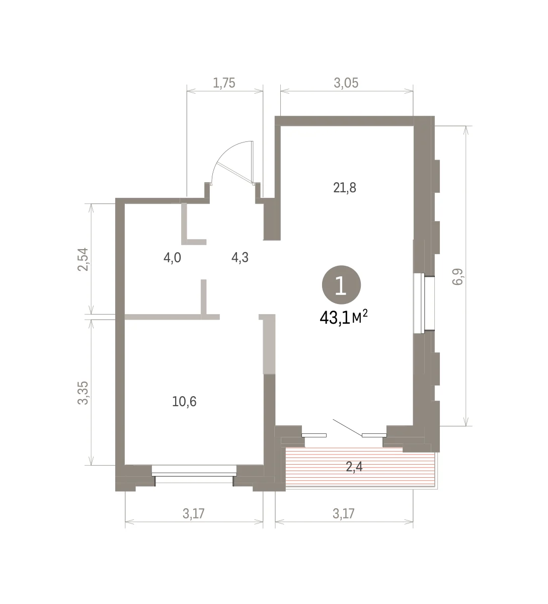 1 комн. Квартира 43.1 кв. м