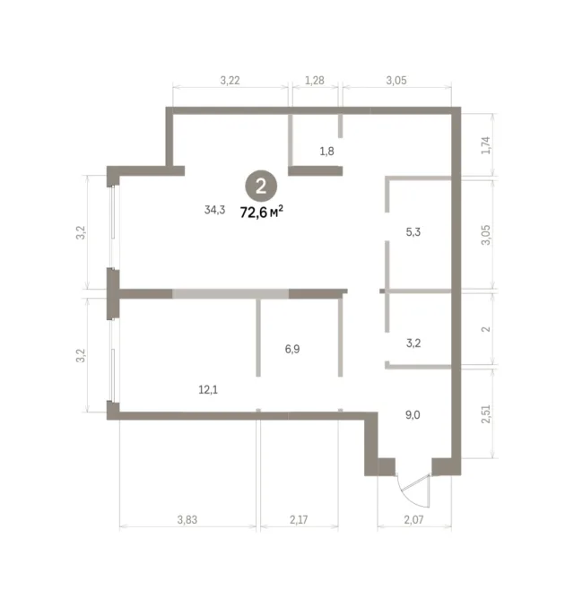 2 комн. Квартира 72.6 кв. м