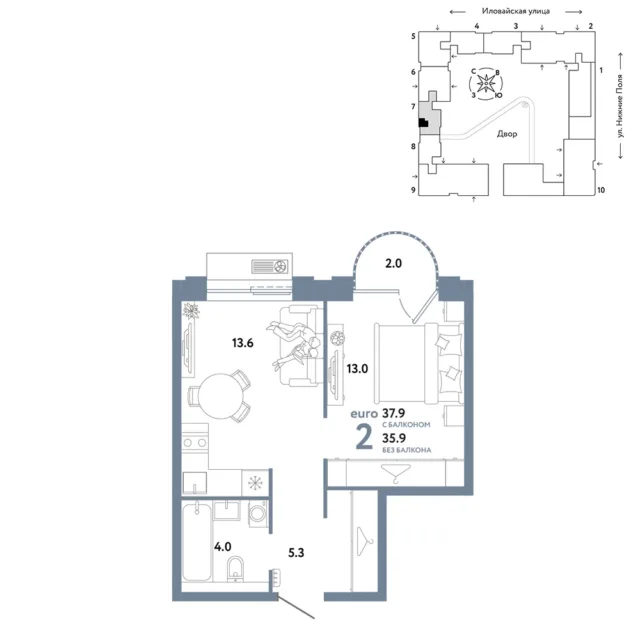2 комн. Квартира 37.9 кв. м