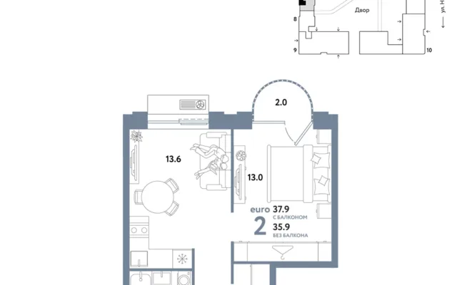 2 комн. Квартира 37.9 кв. м, Москва
