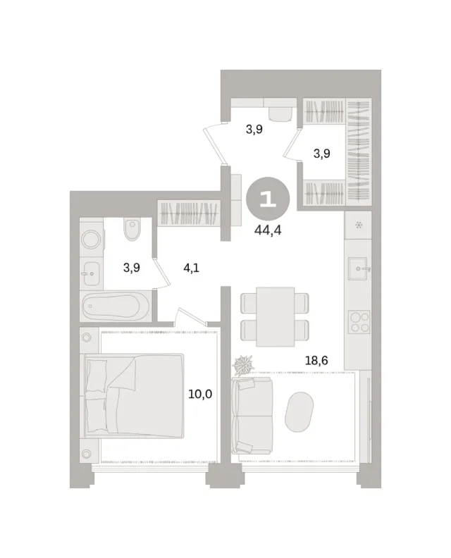1 комн. Квартира 44.4 кв. м