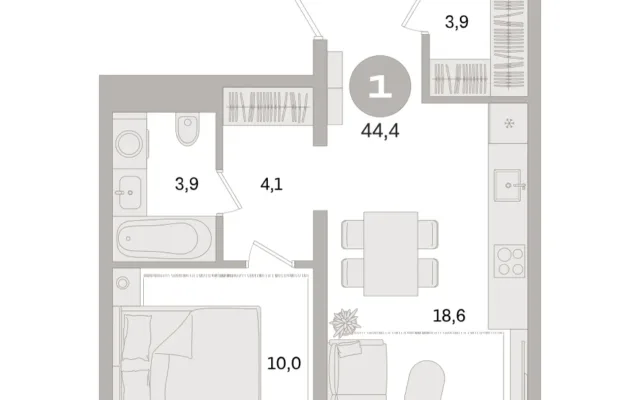 1 комн. Квартира 44.4 кв. м, Московская область Москва