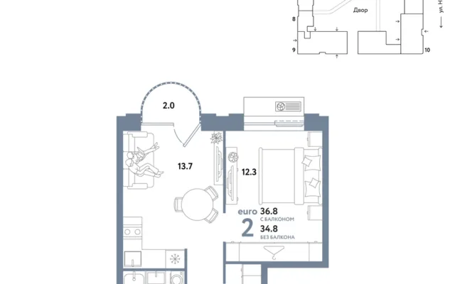 2 комн. Квартира 36.8 кв. м, Москва