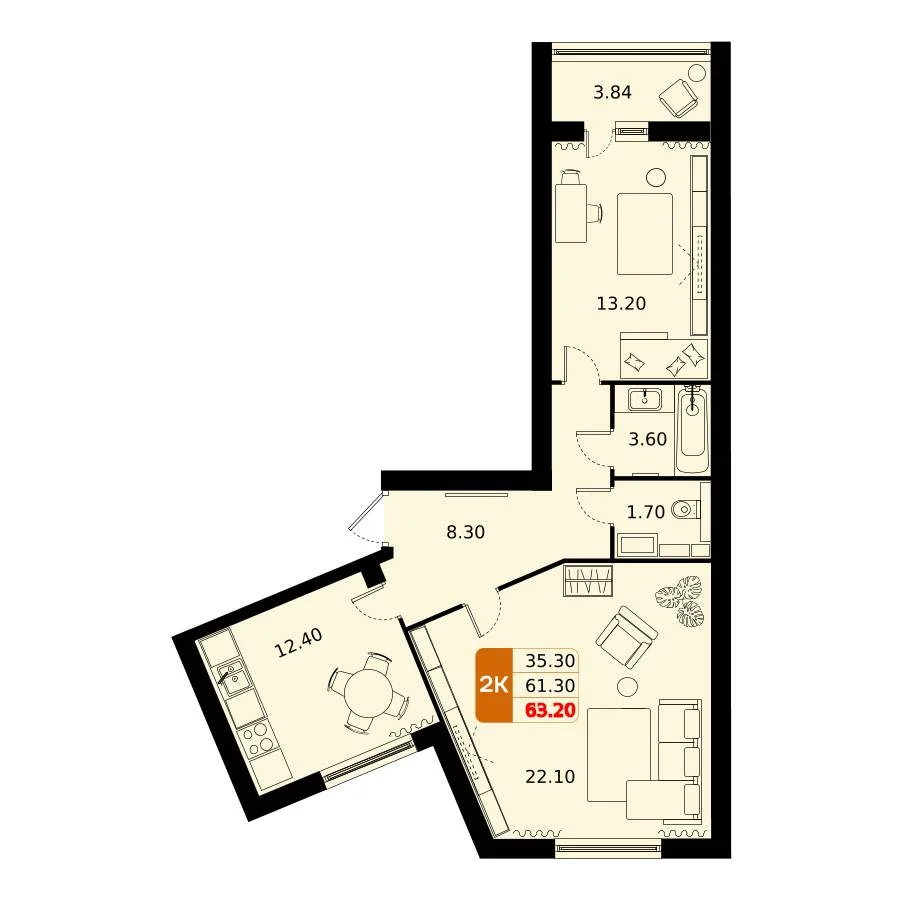 2 комн. Квартира 63.2 кв. м